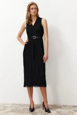 Trendyol Black Pleated Double Breasted Collar Chiffon Lined Midi Woven Dress