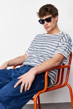 Trendyol Blue Oversize/Wide Cut Striped Labeled Short Sleeve Textured Linen-Cotton T-Shirt