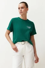 Trendyol Emerald Green 100% Cotton Slogan Printed Regular/Normal Fit Pocket Detailed Knitted T-Shirt