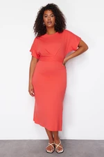 Trendyol Curve Red Straight Cut Tie Detailed Slit Maxi/Long 100% Cotton Knitted Dress