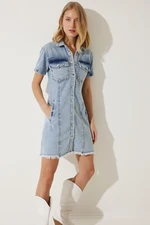 Happiness İstanbul Women's Medium Blue Tassel Detail Mini Denim Dress