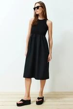 Trendyol Black Waist Open Fabric Mixed Midi Woven Dress