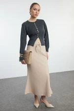 Trendyol Beige Thessaloniki Fabric Fish Form Lace Detailed Maxi Knitted Skirt