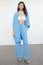 Trendyol Blue Woven Crepe Kimono Trouser Set