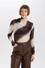 DEFACTO Slim Fit Turtleneck Tie-Dye Long Sleeve Tulle T-Shirt