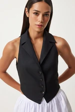 Happiness İstanbul Women's Black Shawl Collar Woven Vest