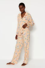 Trendyol Powder Rabbit Patterned Shirt-Pants Woven Pajamas Set