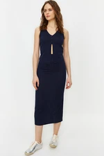 Trendyol Navy Blue Ribbed Button Detailed Elastic Midi Skirt Knitted Two Piece Set