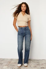 Trendyol Dark Blue Cuff Detailed High Waist Wide Leg Jeans