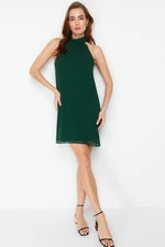 Trendyol Emerald Green Straight Cut Barbell Neck Mini Chiffon Lined Woven Dress