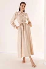 By Saygı Belted Waist Linen Effect Long Dress with Side Pockets