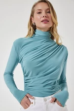 Happiness İstanbul Women's Aqua Green Gathered Detailed High Neck Sandy Blouse