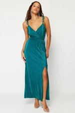 Trendyol Emerald Green Belted A-Cut Lined Pleated Knitted Elegant Evening Dress