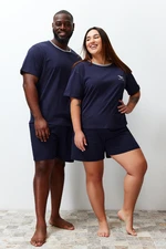 Trendyol Navy Blue Regular Fit Embroidered Couple Knitted Plus Size Pajama Set with Shorts