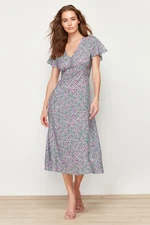 Trendyol Green Floral Patterned A-line V-neck 100% Viscose Midi Woven Dress