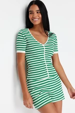 Trendyol Green Cotton Striped Corded Knitted Pajamas Set