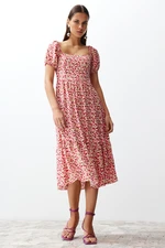 Trendyol Pink Floral Waist Opening Viscose Gimped Midi Woven Dress