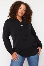 Trendyol Curve Black Woven Plus Size Stone Shirt Collar Blouse