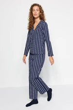 Trendyol Indigo 100% Cotton Striped Shirt-Pants Knitted Pajamas Set