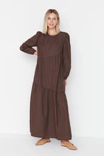 Trendyol Brown Smocking Detailed Crew Neck Poplin Woven Dress