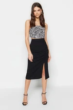 Trendyol Black Drape and Slit Detailed Crepe Fabric Midi Knitted Skirt