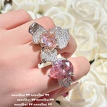 Luxury 925 Silver Sparkling Pink Cubic Zirconia Ring Elegant Flower Wedding Rings for Women Sweet Anniversaries Birthdays Gift