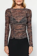 Trendyol Animal Patterned Brown Animal Pattern Special Textured Slim Crewneck Blouse