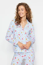 Trendyol Blue 100% Cotton Teddy Bear and Heart Patterned Knitted Pajama Set