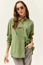 Olalook Women's Mustard Green Color Sequin Stick Woven Shirt