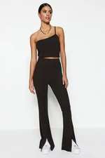 Trendyol Dark Brown One-Shoulder Crop and Hem with a Slit Flare Knitted Top and Bottom Set