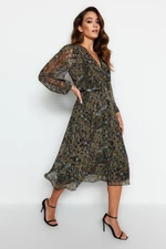 Trendyol Green With Belt A-Line Midi, Double Breasted Collar Patterned Chiffon Dress, Woven Dress