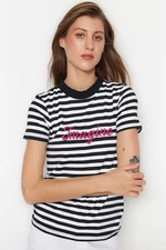Trendyol Black Stripe and Slogan Embroidery Basic Fit Stand Up Collar Knitted T-Shirt