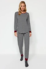 Trendyol Anthracite Multicolored Striped Tshirt-Jogger Knitted Pajama Set