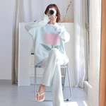 Winter Women's Knitted Pajama Set Floral Print Long Sleeve Ladies Fleece Sleepwear 2 Pcs with Pant Warm Pijama Suit for Female