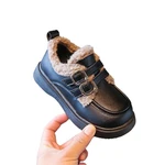 CUZULLAA Autumn Winter Kids Boys Warm Plush Lining Lether Shoes Children Girls Hook & Loop Cotton Shoes Size 23-37