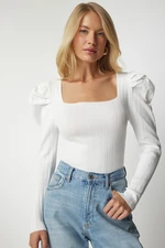 Happiness İstanbul Women's White Square Neck Ribbed Knitwear Blouse