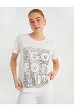 Koton Slogan Printed T-Shirt Short Sleeved Crew Neck