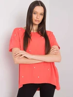 Coral blouse with pearls