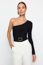 Trendyol Black Belt Detail One-Shoulder Fitted/Situated Elastic Knitted Body with Snap Snaps