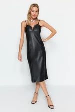 Trendyol Black Fitted Faux Leather Evening Dress