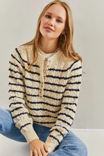 Bianco Lucci Women's Striped Knitwear Sweater with Braids.