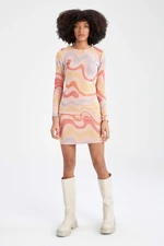 DEFACTO Slim Fit Long Sleeve Colour Block Printed Mini Dress