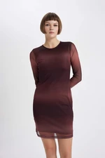 DEFACTO Bodycon Round Collar Batic Tulle Mini Long Sleeve Dress