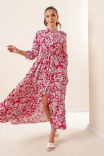 By Saygı Front Buttoned Tied Waist Floral Long Viscose Dress Wide Size Sax