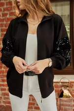 XHAN Sequined Sleeves, Zippered Sweatshirt