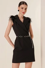 By Saygı Double-breasted Collar Feather Detailed Dress With a Belt Black