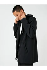 Koton Basic Long Cardigan Hooded Zippered Pocket Slogan Detailed