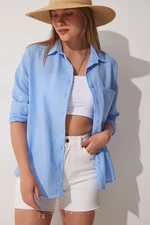 Happiness İstanbul Women's Sky Blue Oversized Linen Airon Shirt