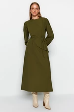 Trendyol Khaki Belted Front Split Cotton Woven Dress