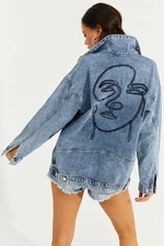 Cool & Sexy Women's Blue Embroidered Denim Jacket IS801